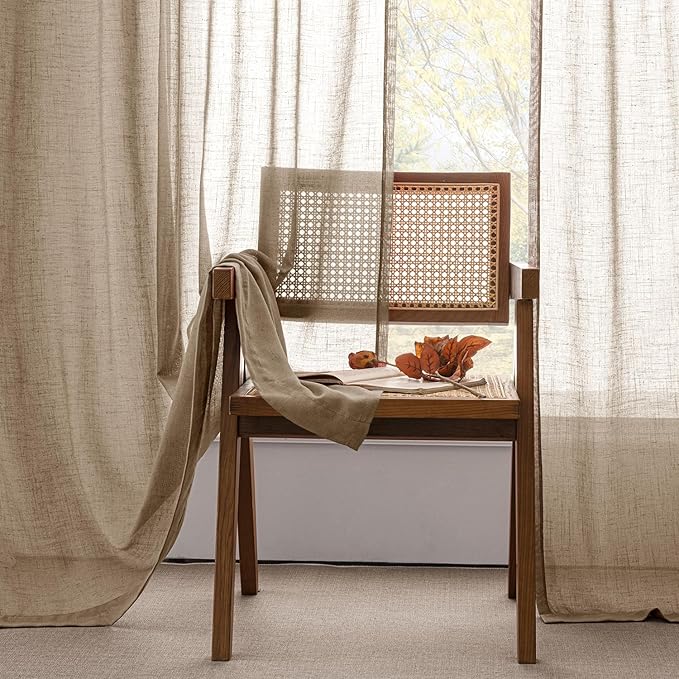 ANRODUO Taupe Linen Curtains 102 Inches Long 2 Panels Light Filtering Sheer Back Tab Rod Pocket Drapes Cotton Linen Textured Window Curtain 102 Inch Length for Bedroom Patio Sliding Glass Door