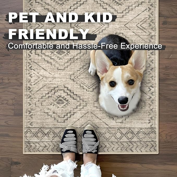 KILOCOCO Hallway Runner Rug 2'x7' Runners for Hallways Washable Runner Rug Non Slip Rubber Backed Low-Pile Runners for Bedroom Kitchen Living Room Laundry Room Boho Rugs, Beige/Gray/Green