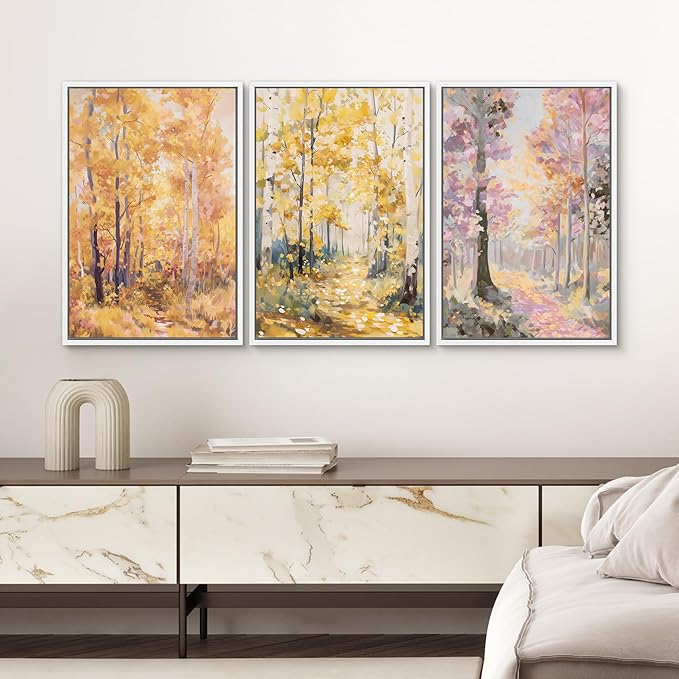 SIGNWIN Framed Canvas Print Wall Art Set Golden Autumn Forest Path Impressionist Landscape Illustrations Modern Art Decorative Chic Calm for Living Room, Bedroom, Office - 16"x24"x3 White