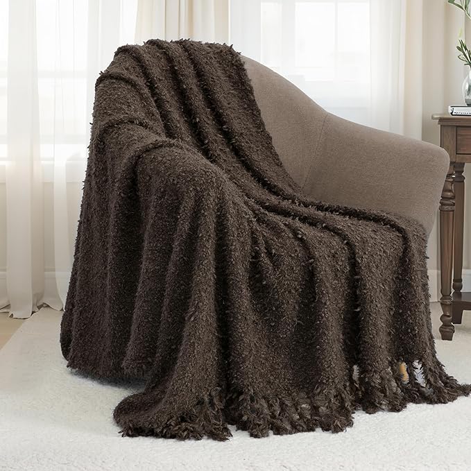 Knit Throw Blanket Fluffy Fuzzy Soft Lightweight Cozy Farmhouse Tassels Chunky Knitted Throws for Couch Sofa Bed (Brown, 60"x80")