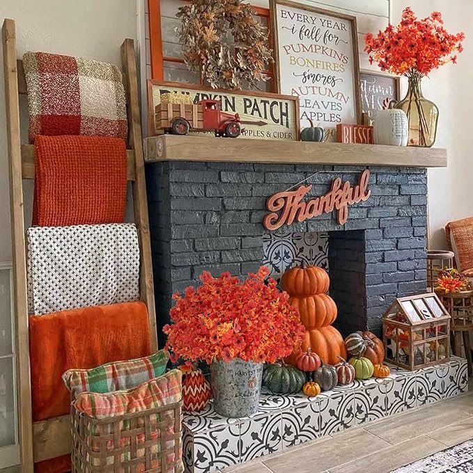 24 Bundles Artificial Fall Flowers Outdoor UV Resistant Fake Mums Bulk Outdoor Faux Mums Plants Plastic Flower Decorations for Home Garden Porch Hanging Planter Vase Autumn Decor Outside, Orange