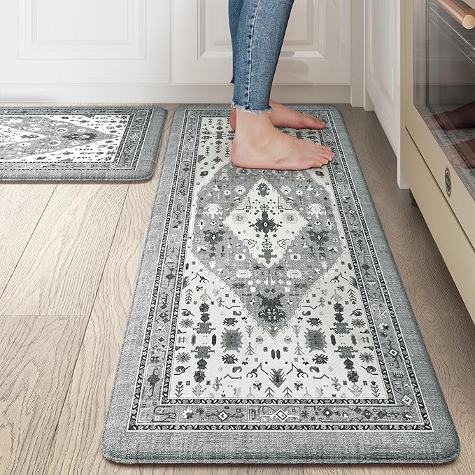 Collive Boho Kitchen Rugs and Mats 2PCS, Cushioned Anti Fatigue Kitchen Mats for Floor Waterproof Non Slip Comfort Foam Standing Mat for Kitchen,Office,Sink,Laundry,17x30+17x47