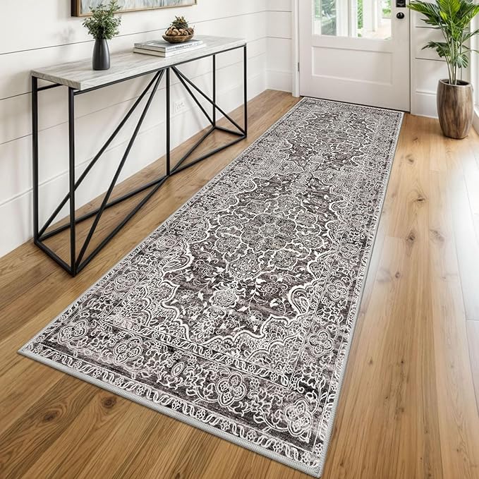 KUTA Vintage Washable Runner Rug, 2.6x8 Runners for Hallways Non-Slip Tan Grey Kitchen Rugs Ultra Soft Printed Tribal Floor Carpet for Bedroom Living Room Nursery Playroom