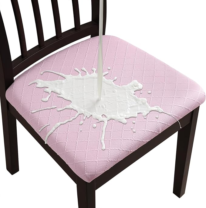 Fuloon Waterproof Seat Cushion Covers 4 PCS, Stretch Jacquard Chair Seat Covers Washable Dining Room Chair Slipcovers Removable Kitchen Cushion Protector (4, Waterproof-Pink)