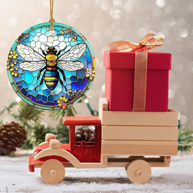Touber Bee Ornament, Christmas Ornament, Christmas Decoration, Holiday Present Idea, Heirloom Keepsake, Round Ceramic, Gift Exchange, Bauble Present, Gift Idea, Bee