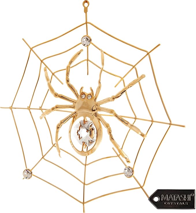 Matashi Christmas Decorations Spider On Web Ornament 24K Gold Plated Crystal Studded - Miracle Tinsel Legend Story,Tree Décor, Perfect for Christmas Gifts, Holiday Gifting, Seasonal Home Accents
