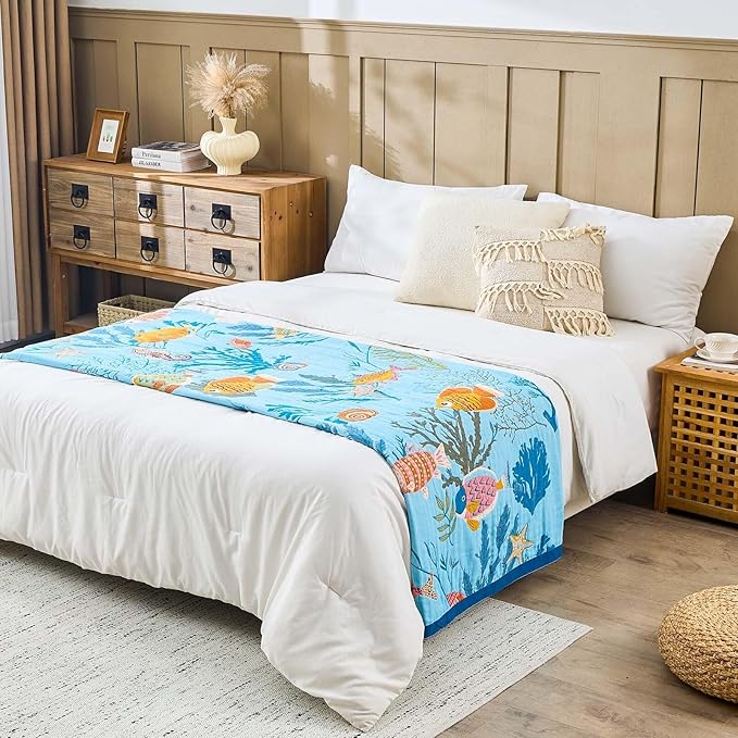Blue Boho Blanket, 90"x98" Soft Farmhouse Decorative Throw Blanket, 100% Cotton Reversible Vintage Muslin Quilt Bohemian Decor Woven Blanket All Season Blankets for Sofa Couch Chair