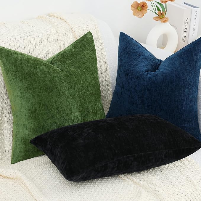 decorUhome Chenille Black Christmas Throw Pillow Covers 24x24 Inch Set of 2, Decorative Soft Couch Pillow Covers Solid Dyed Accent Farmhouse Neutral Square Pillow Cases for Sofa