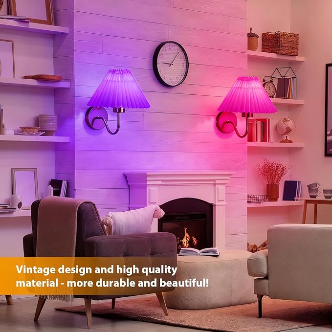 Battery Operated Wall Sconce Set of 2, Wireless Wall Sconces, Pleated Shades Rechargeable Wall Lights with Remote Control, Dimmable 15 Colors & Magnetic Bulbs Home Decor for Bedroom Living Room(Gold)