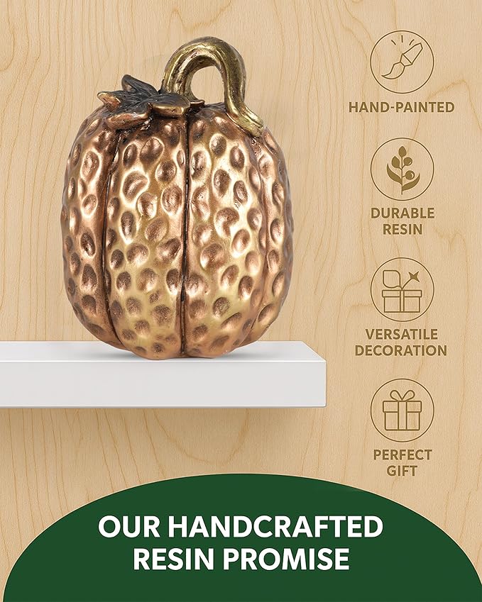 Gold Resin Pumpkin Figurines Set of 2 – Textured Fall Harvest Decorations for Table Centerpiece Thanksgiving Décor, Autumn Home Accents (Gold)