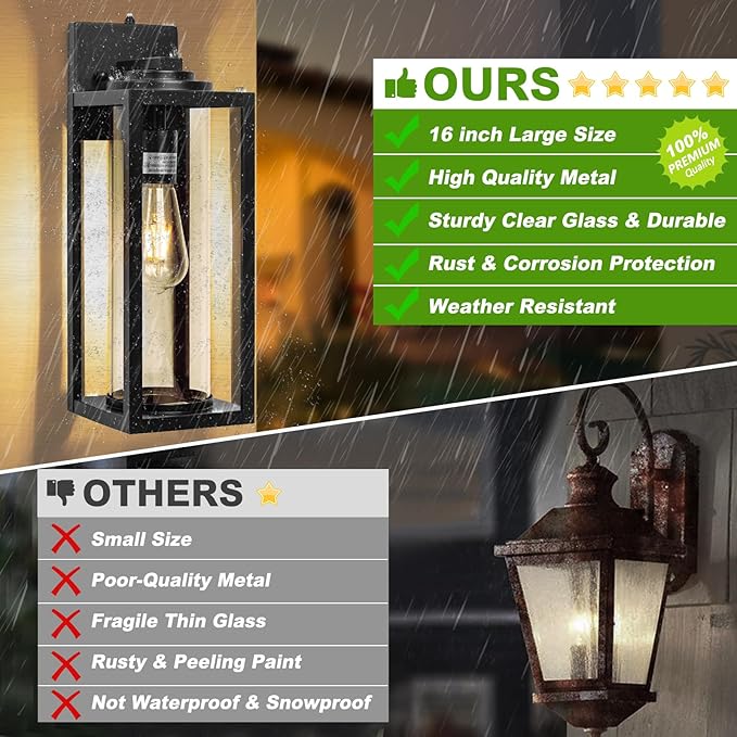16 inch Dusk to Dawn Outdoor Wall Light - 2 Pack Exterior Waterproof Outside Lighting, Modern Porch Sconces, Wall Mounted Fixtures, Industrial Anti-Rust Matte Black Lantern for Front Door