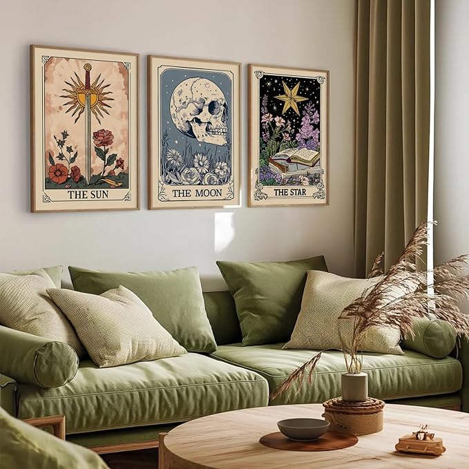 Pouydmi Tarot Card Wall Art Sun Moon Canvas Wall Decor Mystical Astrology Wall Art Boho Celestial Prints Star Skull Poster Tarot Card Picture for Living Room Bedroom 16x24x3 Inch Unframed