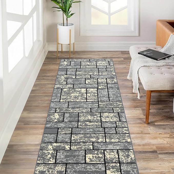Custom Size Grey Ivory Stone Boxes Rubber Backed Non-Slip Hallway Stair Runner Rug Carpet 22 inch Wide Choose Your Length 22in X 10ft