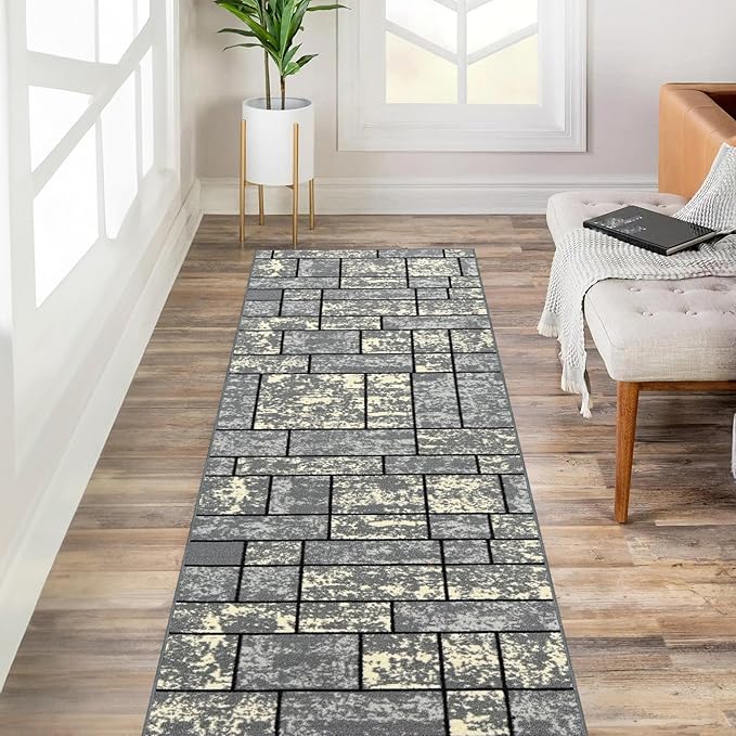 Custom Size Grey Ivory Stone Boxes Rubber Backed Non-Slip Hallway Stair Runner Rug Carpet 22 inch Wide Choose Your Length 22in X 30ft