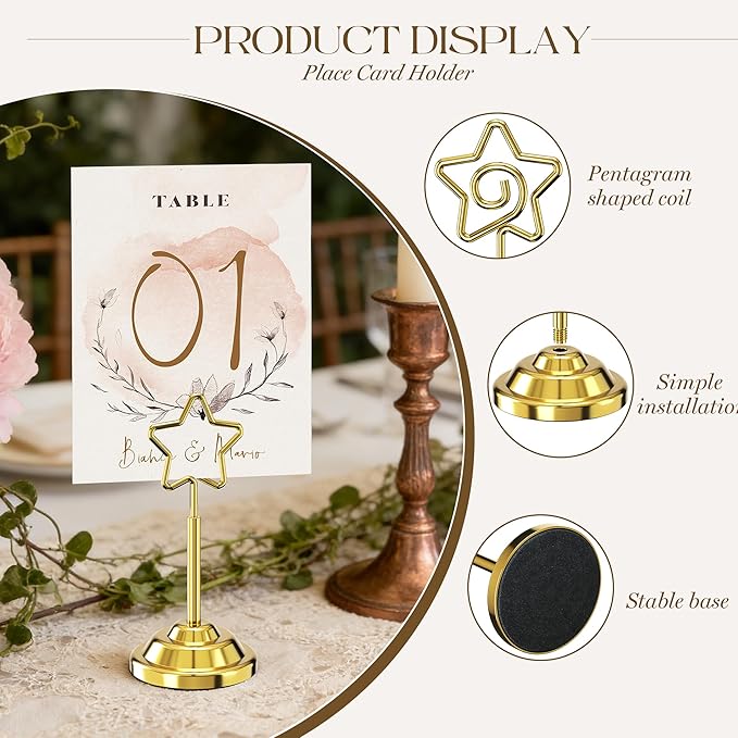 Urban Deco 16 Pieces Table Card Holder Place Card Holders 4 inches Steel Card Holders for Photos, Food Signs, Memo Notes, Weddings, Restaurants, Birthdays (Gold Pentagram)