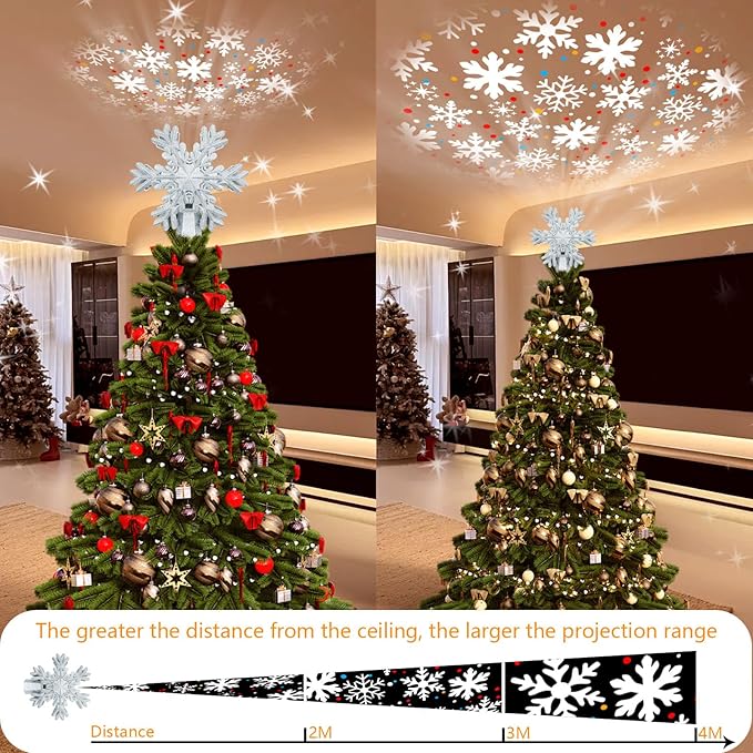 Christmas Snowflake Tree Topper with Rotating LED Projector, 3D Glitter Snowflake Plug-in Tree Top Ornament for Indoor Christmas Tree Decorations Holiday Decor