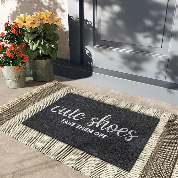 Welcome Mat Outdoor Entryway Cute Shoes Take Them Off Mats for Front Door with Rubber Backing Doormat All-Weather Indoor Mat Polystyrene Non Slip Natural Mat Black