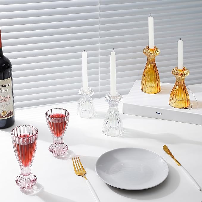 Lysenn Glass Candle Stick Holder Set of 6 – Premium Taper Candle Holders for Romantic Ambiance - Candle Sticks Holder Decor for Special Occasions - Amber