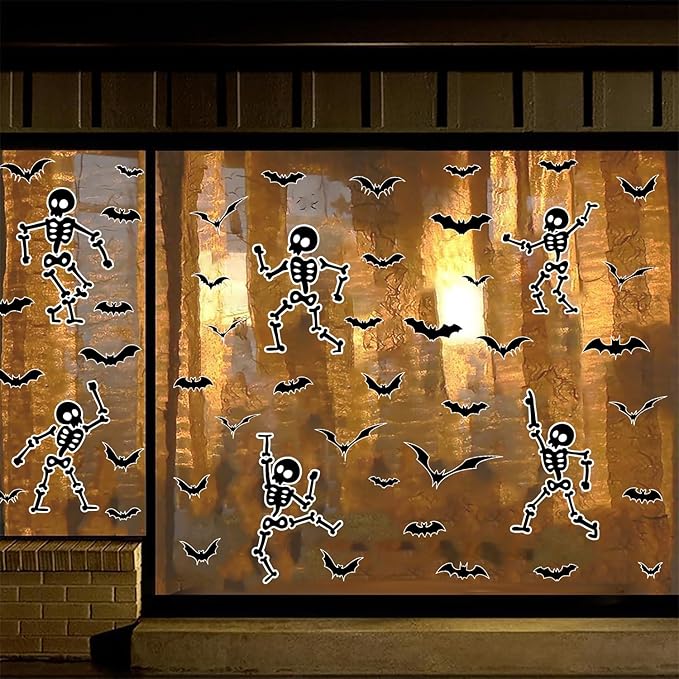 Halloween Wall Decals and Skeleton Window Clings - 6 Sheets 43 Pcs Removable Black Ghost Bat Wall Stickers for Mirrors, Windows, Home Bedroom Party Decor