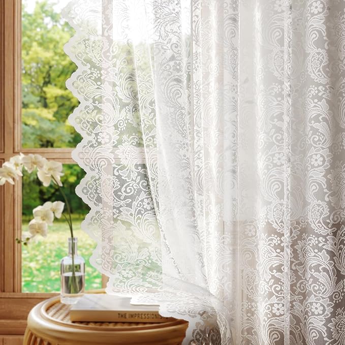 White Lace Sheer Curtains – Vintage Floral Lace for Living Room/Bedroom, Light Filtering Rod Pocket Window Drapes Privacy Chic Window Treatments Scalloped Edge, 52W x 108L Inch, 2-Panel Set