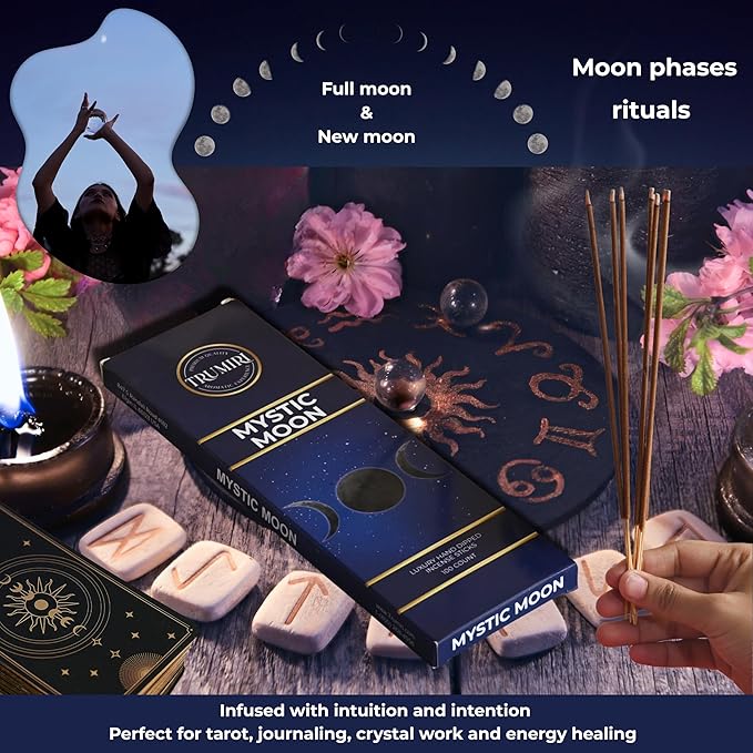 Mystic Moon Incense Sticks - Pack of 100 Insence-Sticks for Invoking Moon Magic - Made with Natural Raw Ingredients - Scented Insense Spiritual Inciensos Incents