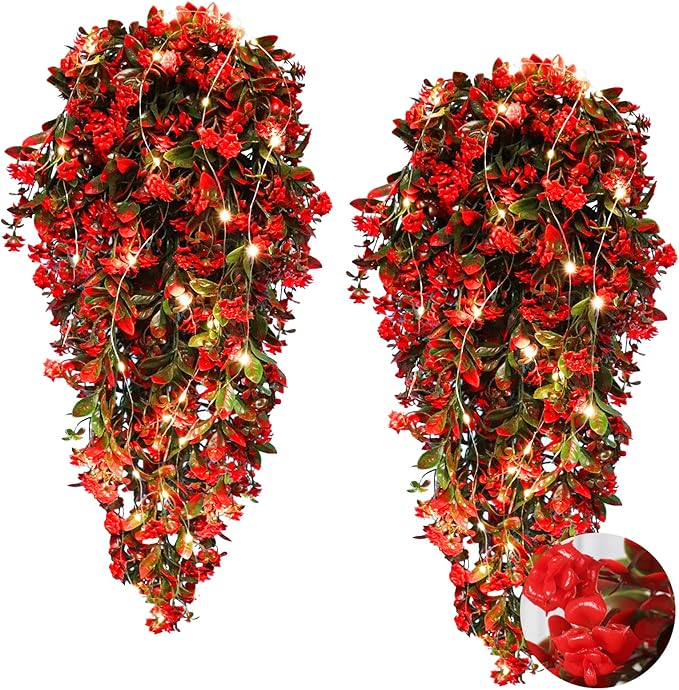 RECUTMS Faux Hanging Plants 2 Pack Hanging Flowers Artificial Decor Greenery Fake Vines with Lights Strings Plastic Flowers Artificial Ivy Leaves Long Stem for Porch Patio Kitchen (Red)