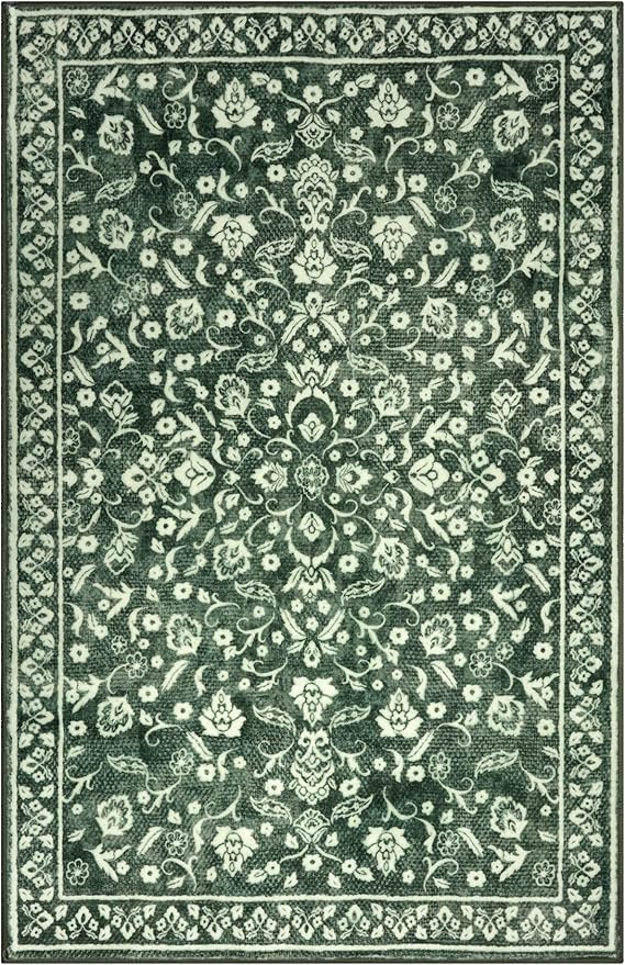Vintage 3x5 Washable Rug for Entryway, Super Soft Forest Green Entryway Rug Non-Slip, Printed Faux Wool Floral 3x5 Area Rug Thin Floor Carpet for Kitchen, Bedroom, Office, Living Room