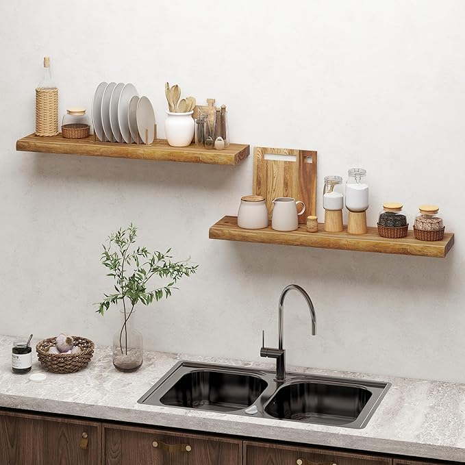 Dreamland Wood Floating Shelves 36 Inch Long, Rustic Solid Elm Wood Live Edge Shelves for Home Decor, 8 Inch Deep Wall Shelf for Living Room Bathroom Bedroom Kitchen, Natural Color, Set of 2