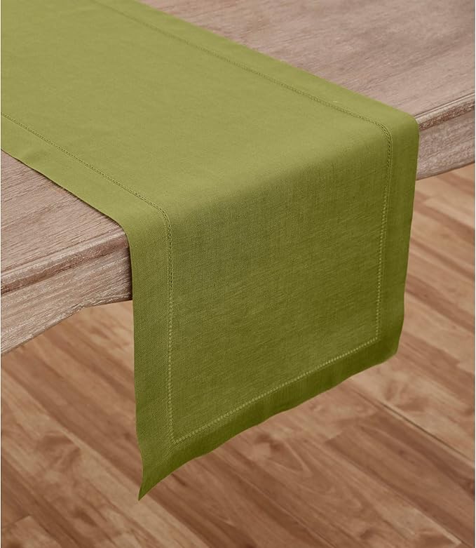 Solino Home Linen Avocado Green Table Runner 72 Inches Long - 100% Pure Linen Hemstitch Table Runner 14 x 72 Inch for Dresser, Dining, Spring, Easter, St Patricks Day - Classic Hemstitch
