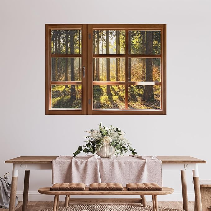 SIGNWIN Removable Wall Sticker/Wall Mural Window Autumn Forest with Golden Sun Rays Photography Realism Decorative Landscape Digital Art for Living Room, Bedroom, Office - 24"x32"