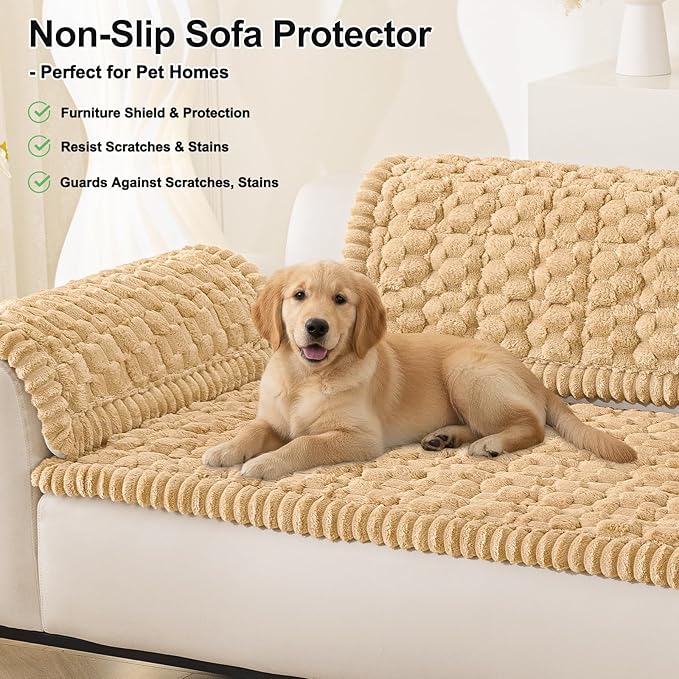 Smiry Pet Couch Cover for 3 Cushion Sofa, Non-Slip Fuzzy Couch Cover for Dogs Washable, Thick Soft Sofa Slipcovers Cushion Protector Pet Friendly (Camel, 27.6" x 47")