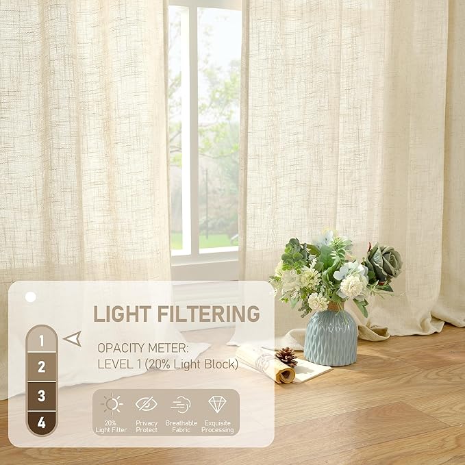 LAMIT 54 Inch Semi Sheer Window Linen Curtains, Light Filtering Panels Back Tab and Rod Pocket Neutral Drapes for Bedroom/Small Window, Beige, 2 Panels, 34 x 54 Inch