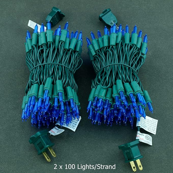 YULETIME Blue LED Christmas Lights 200 Count 50 ft, Pack of 2 Strands 25 ft 100 Lights UL Certified String Light Set (Blue)