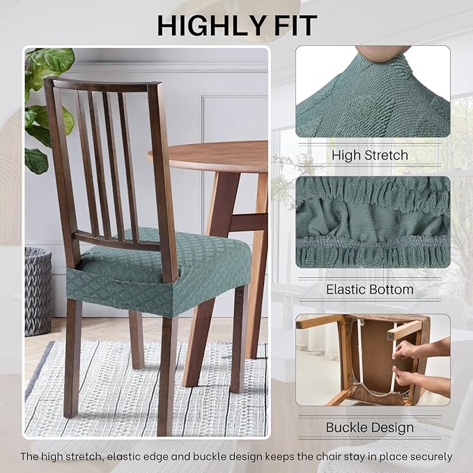 SearchI Stretch Dining Chair Seat Covers Set of 4, Soft Removable Washable Seat Covers for Dining Chairs, Dining Room Seat Cover Slipcover Protector (Rear-Covered, Diamond Aegean Teal)