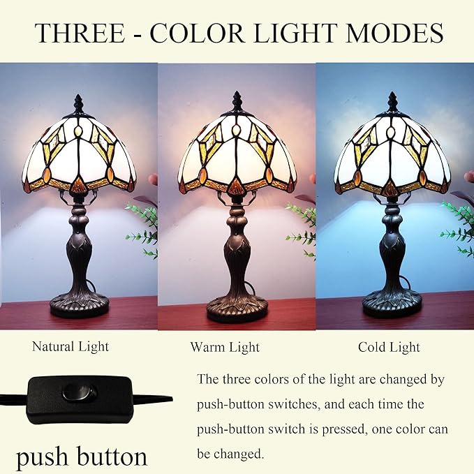 Tiffany Table Lamp Yellow Brown Stained Glass Reading Light 3-Way Small Decorate Lamp for Home Living Room Nightstand Bedroom Office Include Light Bulb