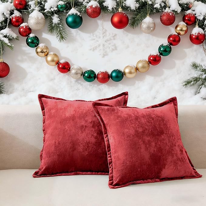 20x20 Throw Pillow Covers Set of 2 Velevt Square Cushion Cover Decorative Solid Pillowcases for Sofa Bed Chair Decor,Christmas Red