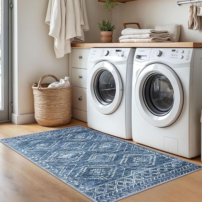KILOCOCO Boho Entryway Rug 3x5 Area Rug Washable Non Slip Printed Throw Rugs Soft for Kitchen Living Room Dining Bedroom Geometric Moroccan Carpet, Blue