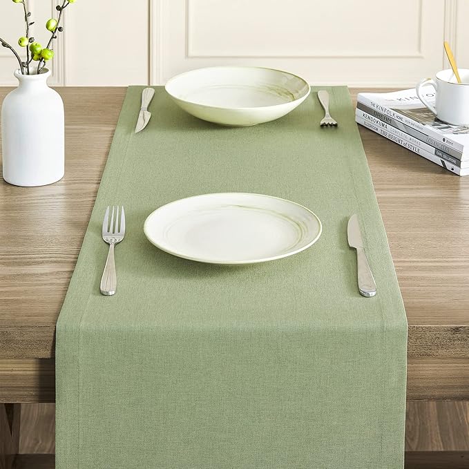 ZeeMart Basic Linen Style Table Runner, 14 x 48 Inch Sage Green, Rustic Farmhouse Green Table Runners 48 Inches Long, Everyday Polyester Table Runner - Machine Washable & Easy Care