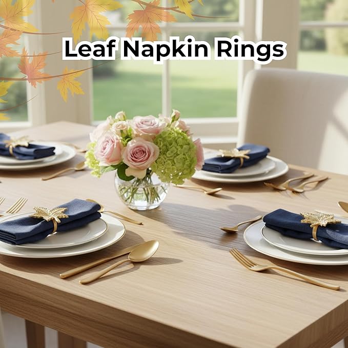 ALPHA Living HOME Leaf Decor Napkin Rings - 12 Pcs Modern Napkin Ring Dining Metal Table Décor for Wedding, Holiday, Thanksgiving, Christmas, Formal Dining & Special Occasions (Gold)