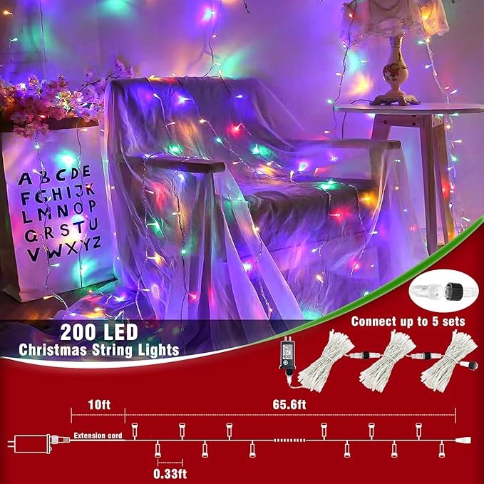 66ft Christmas Lights Outdoor Waterproof, 200 LED String Lights for Bedroom Clear Wire with 8 Modes, Plug in Twinkle Fairy String Light for Indoor Outdoor Home Party Garden Decorations, Multicolor