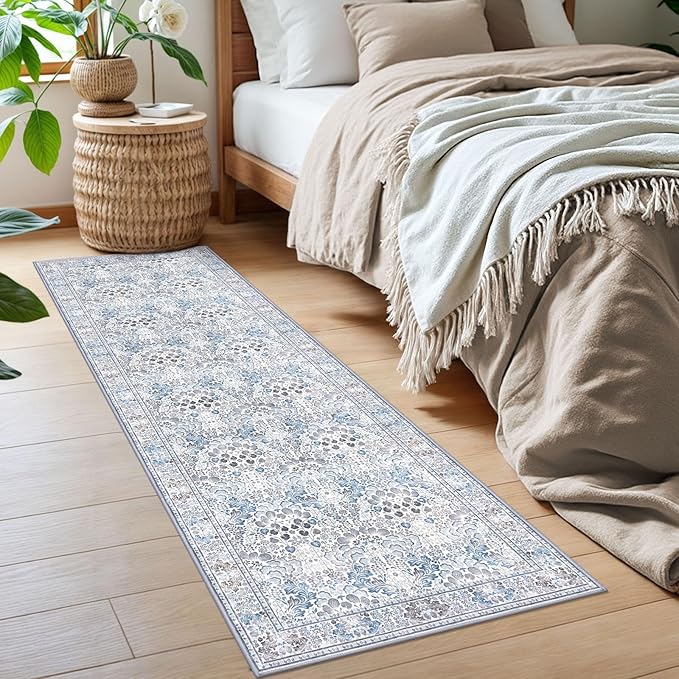 2x6 Washable Runner Rug for Hallways, Grey Blue Soft Floor Modern Kitchen Rugs with Non-Slip, Non-Shedding Boho Rug for Bedroom Kitchen Porch Laundry Entryway