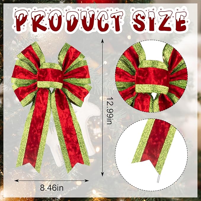 2 PCS Christmas Bow for Wreath, Christmas Wreath Bows for Front Door Wall Fence Decor Red Green Stripes Tree Topper Bows for Holiday Party Home New Year Decoration