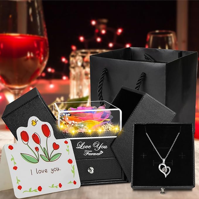 Preserved Color Real Rose Eternal Flowers Rose Gifts for Mom Grandma Wife Girlfriend Gifts for Her Christmas Birthday Anniversary with I Love You Necklace