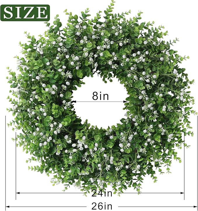 26" Artificial Eucalyptus Wreath with Baby's Breath for Front Door - Faux Eucalyptus Leaves, Fake Spring/Summer Greenery Flowers Wreath for Porch, Farmhouse, Wall, Window Outdoor Decor