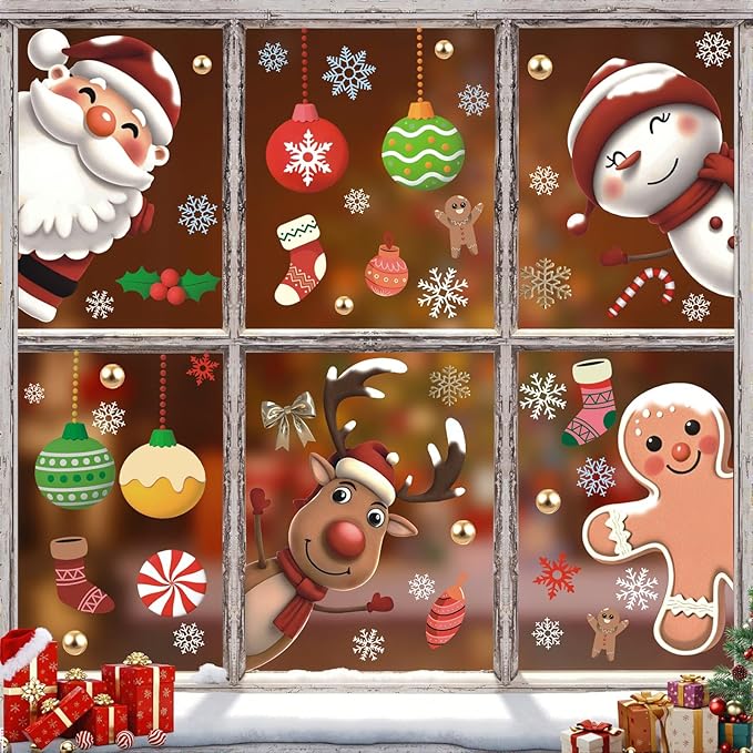 Christmas Window Clings,Winter Snowflake Window Clings,Christmas Decals Clings For Glass,Xmas Reindeer Wall Stickers,Xmas Santa Claus Snowman Gingerbread Wall Decals For Home Room Office School