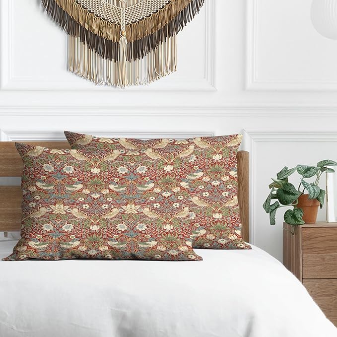 William Morris Pillow Protectors with Zipper Standard Size Red Strawberry Birds Print Pillow Covers Set of 2 Vintage Floral Botanical Pillow Cases Rustic Nature Flowers Bed Pillow Covers 20"x36"