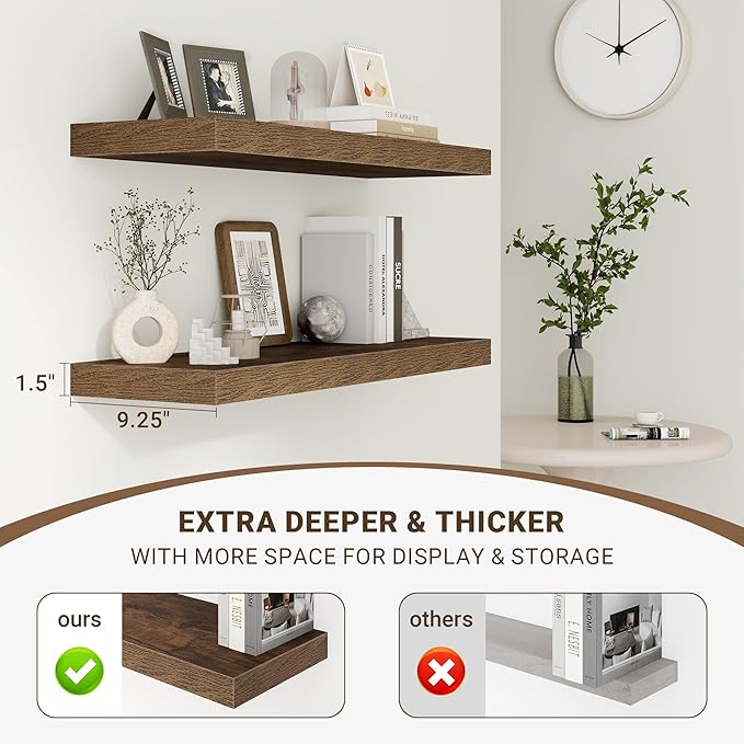 36 Inch Floating Shelves, 36"x9.25"x1.5" Inch Deep Floating Shelves for Wall, Wooden Shelves for Bathroom, Bedroom, Living Room, Brown, 2 Pieces