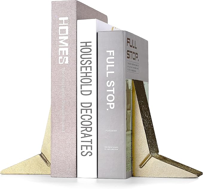 Cast Iron Geometric Decorative Bookends, Sharp Triangle Theme, Heavy Duty, Set of 2 Gold