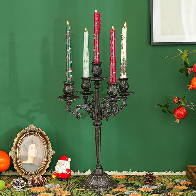 Sungmor Heavy Duty Cast Iron Candlestick Holders - Handcrafted Vintage Candelabra - 17Inch Tall & 5 Arms Candle Holders - Decorative Pillar Candle Stand for Christmas Birthday Wedding Home Party