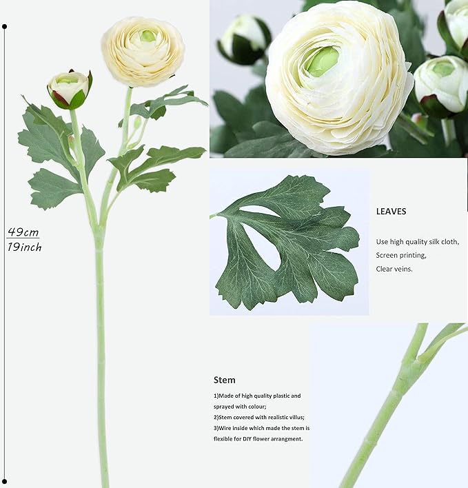 Artificial Ranunculus Flowers with Real Touch Stem, Silk Ranunculus Flowers(10 Pack) (White)